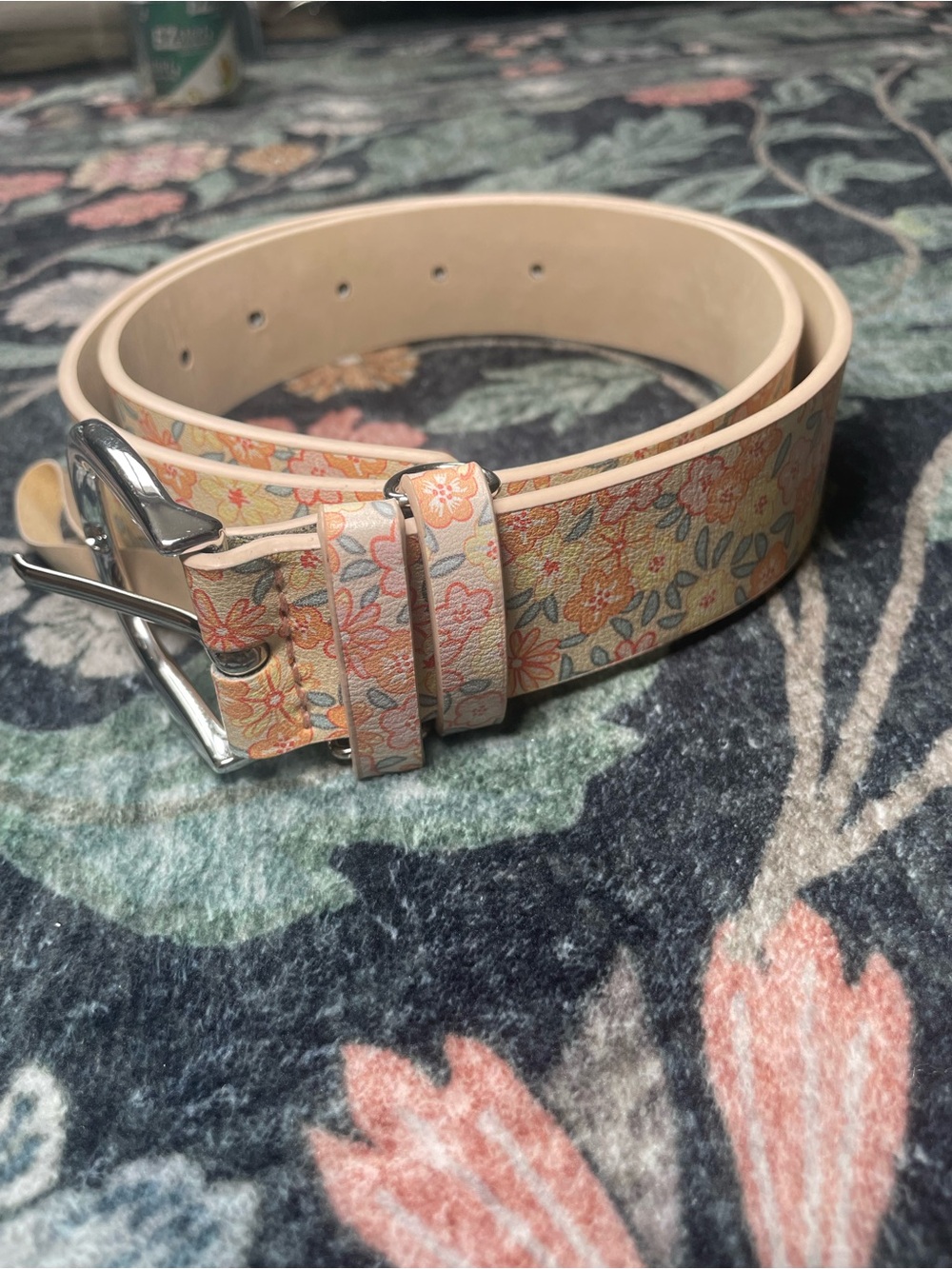 Women’s Floral Belt 35” Cream Orange Pink Wide 1.5” Silver Buckle Boho